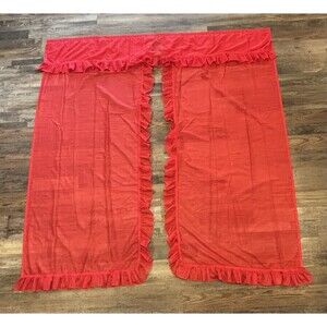 Vintage Split Shower Curtain Overlay Sheer Ruffles USA Bold Red JC Penney 64x71